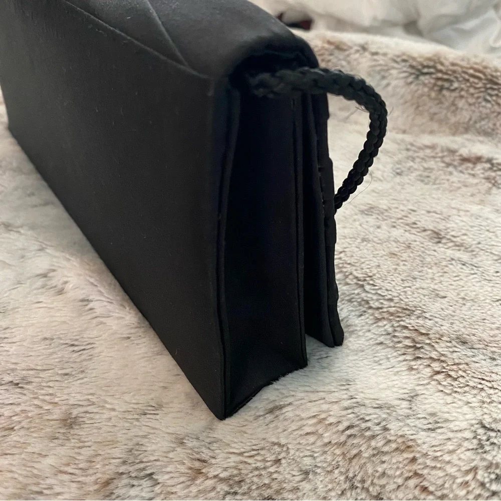 Jessica McClintock Satin Black Beaded Rhinestone Evening Clutch Purse handbag